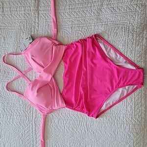 Pink Tummy Control Cutout High Waisted Bathingsuit Wrap Tie Back Plus Size 20W